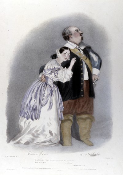 Giulia Grisi en Luigi Lablache in de 3e akte van I Puritani door Vincenzo Bellini. Lithografie door R. J. Lane. 1835 door Richard James Lane