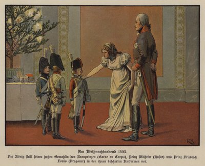 Koning Frederik Willem III en Koningin Louise van Pruisen met Kroonprins Frederik Willem, Prins Willem en Prins Frederik Louis in militaire uniformen, Kerstavond door Richard Knotel