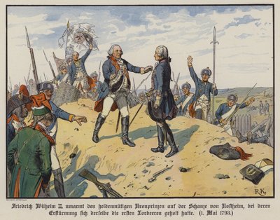 Koning Frederik Willem II van Pruisen omhelst zijn heldhaftige zoon, Kroonprins Frederik Willem, op de heuvel van Kostheim door Richard Knotel