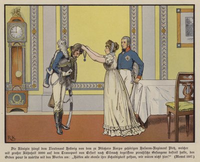 Koningin Louise van Pruisen reikt Luitenant Hellwig de Orde Pour la Merite uit, Memel door Richard Knotel