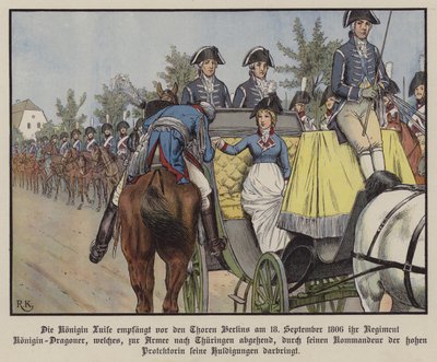 Koningin Louise van Pruisen inspecteert haar regiment Dragoons, Berlijn door Richard Knotel