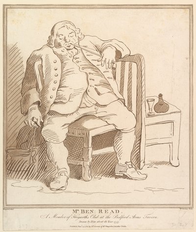 Mr. Ben: Read, een lid van Hogarths Club in de Bedford Arms Tavern, getekend, 27 november 1781 door Richard Livesay
