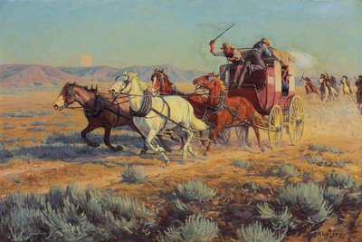 Postkoets achtervolgd door gemonteerde indianen, 1912 door Richard Lorenz