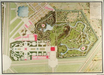 Plan des jardins français et champêtre du Petit-Trianon avec les masses du bâtiment, uit Recueil des plans du Petit Trianon door Richard Mique door Richard Mique
