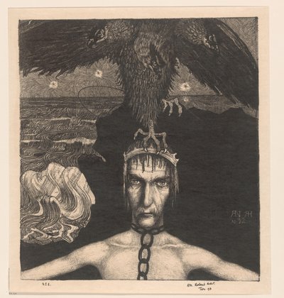 Geketende man met driekoppige roofvogel op het hoofd door Richard Nicolaüs Roland Holst (signed by artist)