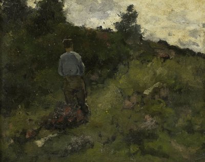 Een boer die langs de rand van een bos loopt door Richard Nicolaüs Roland Holst
