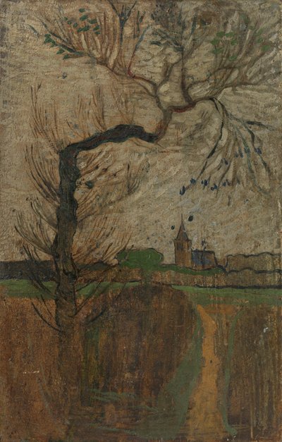 Voetpad met wilg en een dorp aan de horizon door Richard Nicolaüs Roland Holst