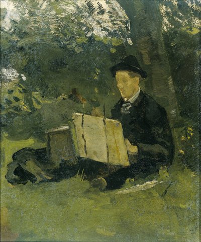 Jan Verkade (1868-1946) schilderend onder een boom in Hattem door Richard Nicolaüs Roland Holst
