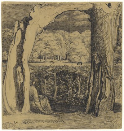 Landschap met een vrouw zittend tussen twee wilgen door Richard Nicolaüs Roland Holst