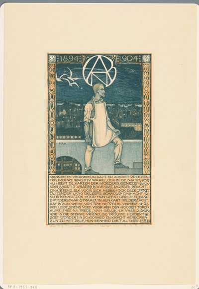Prent ter gelegenheid van het tienjarig jubileum van de Algemene Nederlandse Diamantbewerkersbond in 1904 door Richard Nicolaüs Roland Holst