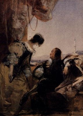 Een cavalier en zijn dame op een terras, Genua door Richard Parkes Bonington