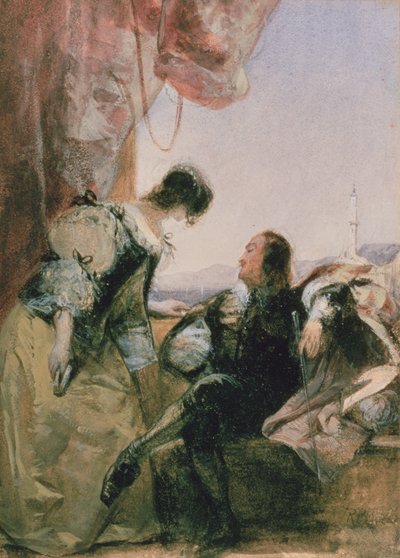 Een ridder en zijn dame op een terras, Genua door Richard Parkes Bonington