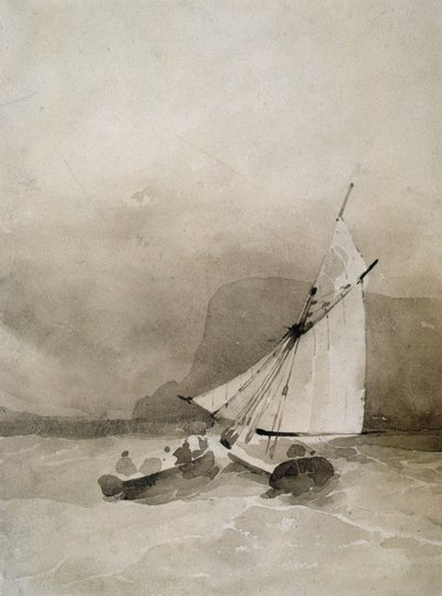 Een Zeilschip en een Roeiboot in ruwe zeeën bij Beachy Head, Sussex door Richard Parkes Bonington