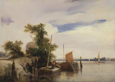 Barges op een rivier door Richard Parkes Bonington