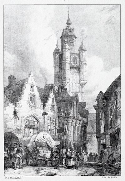 Bergues: La Tour du marché, 1824 door Richard Parkes Bonington