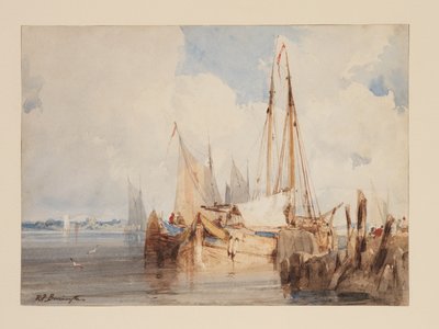 Vissersboten aangemeerd in een Estuarium, ca. 1825 door Richard Parkes Bonington