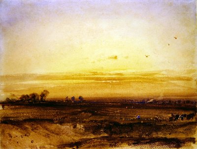 Landschap met Oogsters bij Zonsondergang door Richard Parkes Bonington