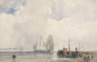 Schepen in een estuarium, waarschijnlijk nabij Quilleboeuf door Richard Parkes Bonington
