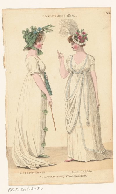 Magazine of Female Fashions of London and Paris, No. 28: London, June 1800: Walking Dress; Full Dress door Richard Phillips