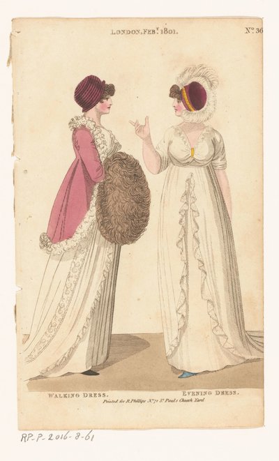 Magazine van vrouwelijke mode van Londen en Parijs. No. 36. Londen Feb., 1801: Wandeljurk; Avondjurk door Richard Phillips