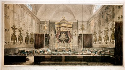 Uitzicht op het Hogerhuis, het hogerhuis van het Parlement van Groot-Brittannië (Gravure) door Richard Rothwell