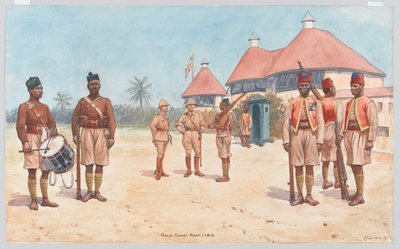 Soldaten van het Gold Coast Regiment buiten het regimentshoofdkwartier in Kumasi door Richard Simkin