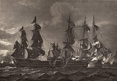 HMS Captain aan boord van de San Nicholas en de San Josef, illustratie uit 