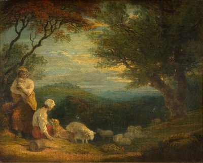 Landschap met vrouwen, schapen en hond, 1830 door Richard Westall