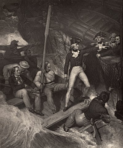 Luitenant Nelson vrijwillig om een prijs te boarden in een hevige storm, illustratie uit 