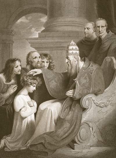 Prins Alfred voor Paus Leo III, gegraveerd door J. Stow, illustratie uit David Hume