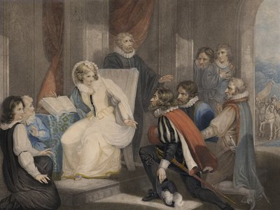 Koningin Elizabeth I ontvangt het nieuws van de dood van haar zus Koningin Mary (kleur aquatint) door Richard Westall