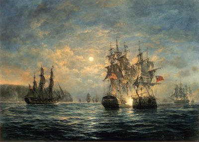 Verloving tussen de Bonhomme Richard en de Serapis bij Flamborough Head, 1779 door Richard Willis