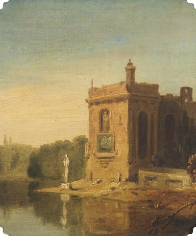 Een meer met een paviljoen en een standbeeld, Italië door Richard Wilson