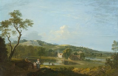 Een uitgestrekt landschap met huisjes bij een meer, circa 1744-1745 door Richard Wilson