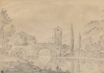 Italiaans Landschap met Drieboogbrug, Brughuis, Figuren op Nabije Oever en Populieren op Verre Oever door Richard Wilson