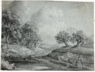 Landschap met vrouw en koeien door Richard Wilson