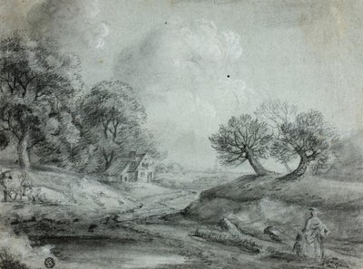 Landschap met vrouw en koeien (recto); schets van een landschap (verso) door Richard Wilson