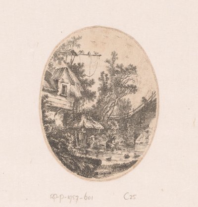 Gezicht op een rivier waarin vrouwen de was doen door Richard de Saint Non