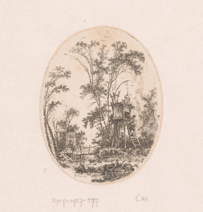 Landschap met houten bouwwerk op palen, links een vrouw op een brug door Richard de Saint Non
