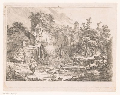 Landschap met hut en visnetten op staken door Richard de Saint Non