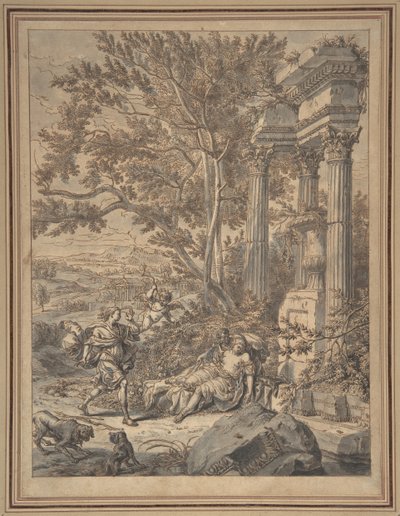 Silvio nadert Dorinda die hij heeft verwond met een pijl, ca. 1700 door Richard van Orley