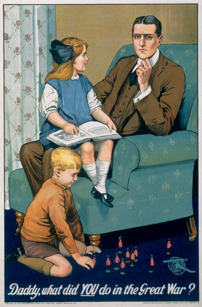 Papa, Wat deed je in de Grote Oorlog, Britse wervingsposter door Riddle and Co Johnson