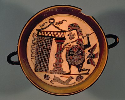 Laconische zwartfigurige beker met een krijger die een slang aanvalt, 6e eeuw v.Chr. door Rider Painter
