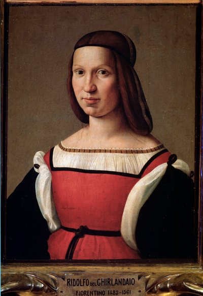 Portret van een dame uit de lagere klassen in een rode jurk met pofmouwen (Schilderij) door Ridolfo Il  Ghirlandaio