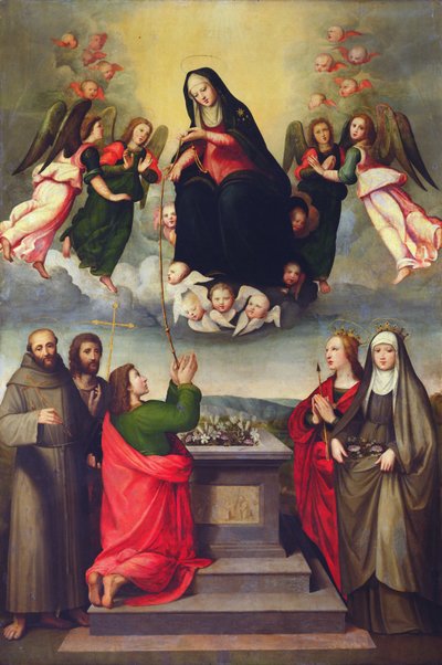 De Maagd van de Heilige Gordel met SS. Thomas, Franciscus, Johannes de Doper, Ursula en Elizabeth van Hongarije door Ridolfo , Il Ghirlandaio