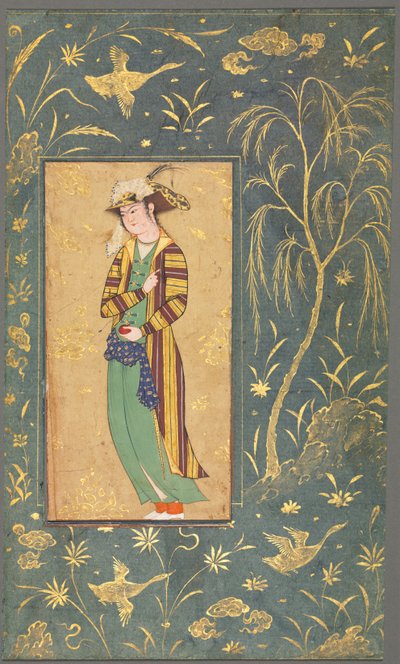 Jongeling met een granaatappel, Illustratie uit een enkelbladig manuscript, ca. 1600-1650 door Riza yi Abbasi