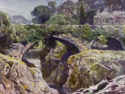 De oude brug, Bettws-y-Coed (kleur litho) door Robert (after) Fowler