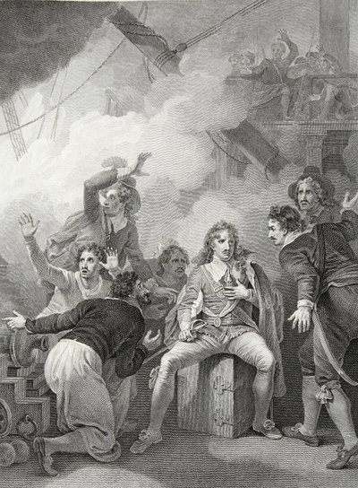 Graaf Sandwich weigert zijn schip te verlaten terwijl het in brand staat, in de Slag bij Sole Bay, gegraveerd door W. Byrne, illustratie uit David Hume
