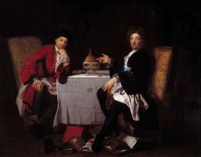 Twee epicuristen Twee filosofen praten aan een tafel door Robert (attr. to) Tournieres