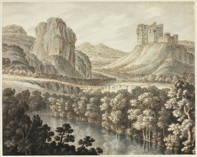 Een romantisch landschap met een verwoest kasteel door Robert Adam